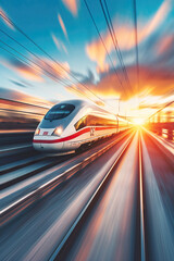 vertical image of Modern High-Speed Train in Motion at Sunset, Dynamic Transportation Background