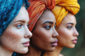 Generative AI illustration of Side view of multiethnic three women with colorful head wraps and freckles, showcasing beauty and diversity