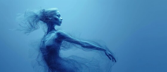  a woman is floating in the water with her hair blowing in the wind and her body is made up of long, wavy, blue strands of hair, floating in the water. - obrazy, fototapety, plakaty