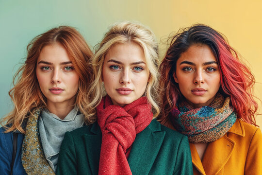 Generative AI illustration of three women with striking hair colors and textured scarves against a colorful background, exuding confidence and style