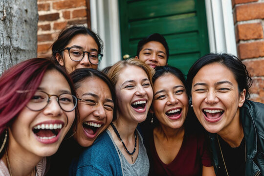 Generative AI illustration of group of seven joyful diverse women laughing together in front of a green door, sharing a moment of happiness