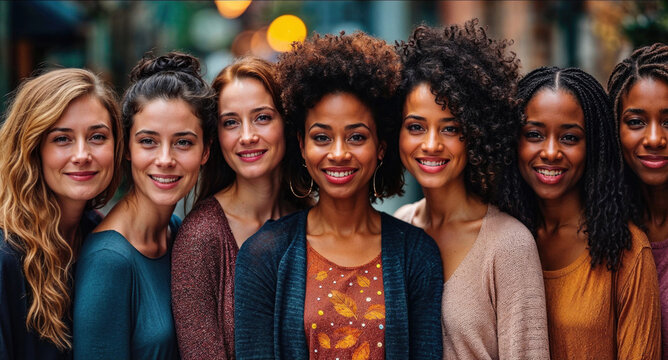 Generative AI illustration of radiant lineup of seven multiethnic women smiling, embodying friendship and multicultural beauty in an urban setting