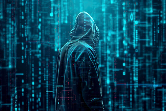 Mysterious person in Hoodie Overlooking a Matrix of Glowing Digital Data Code background