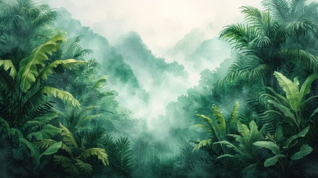  a painting of a forest filled with lots of green plants and trees in the distance is a foggy sky with white clouds in the middle of the top of the picture.