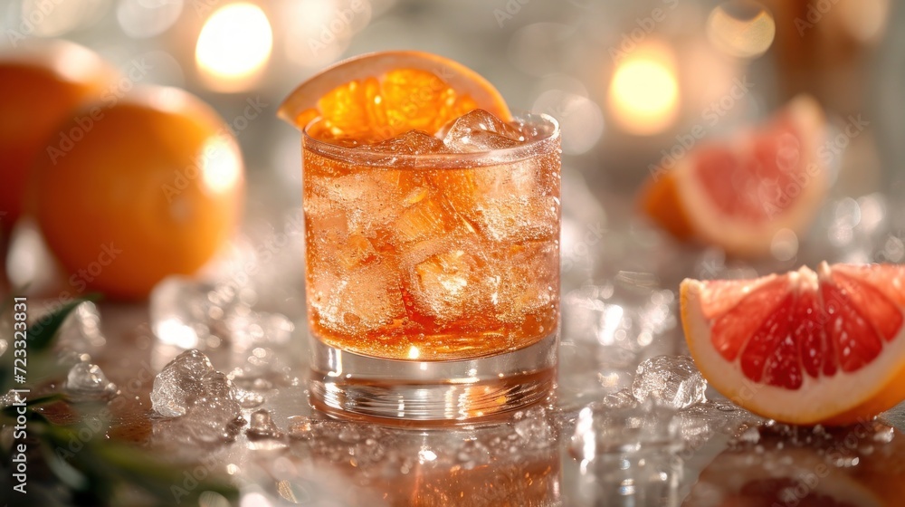 Aufkleber a close up of a glass of ice and a grapefruit on a table with other grapefruits and grapefruits in t