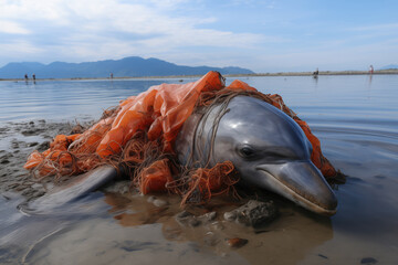 Dolphin trapped in ocean waste highlighting pollution crisis. Generative AI image