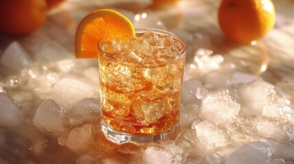  a close up of a glass of ice with a slice of an orange on the rim of the glass and some ice cubes around the edge of the glass.