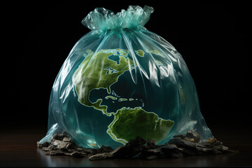 Planet Earth encapsulated in a plastic bag. Generative AI image