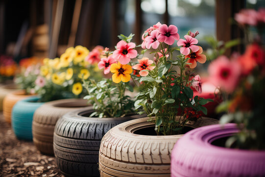 Colorful upcycled tire planters in a garden. Generative AI image