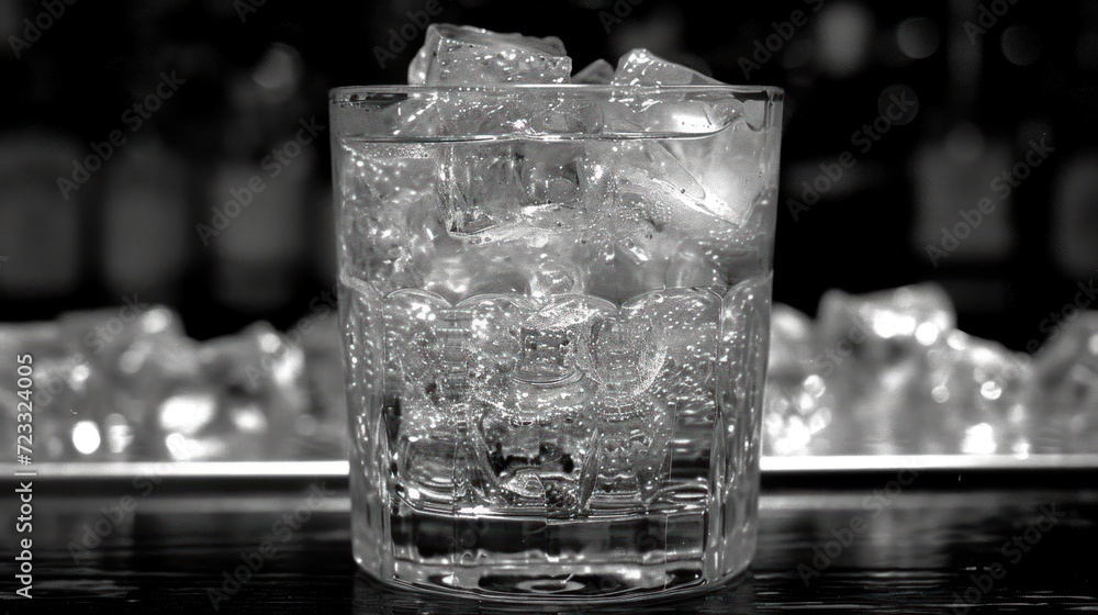 Aufkleber a glass of water with ice cubes in it on a table with a blurry background of ice cubes in the middle