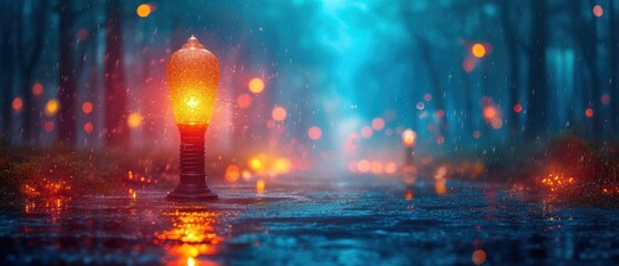 a street light sitting in the middle of a rain soaked street in the middle of a forest with lots of lights shining on the ground and trees in the background.