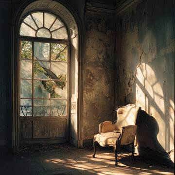 Generative AI illustration of warm sunlight filters through an arched window onto an elegant armchair in an abandoned room with peeling walls