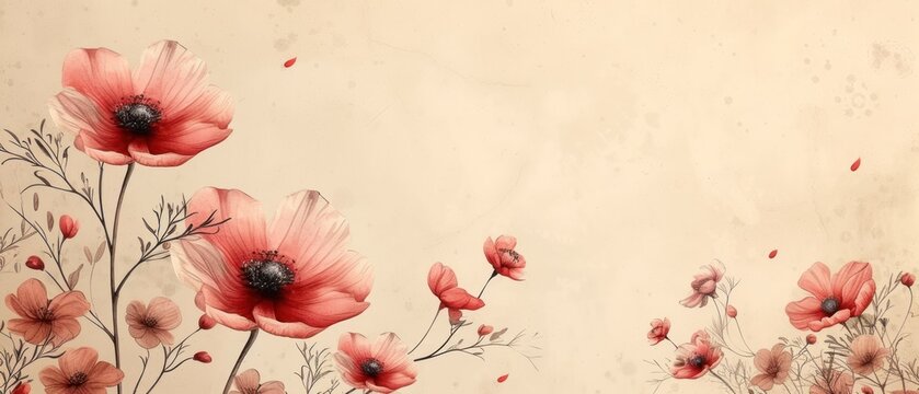  a painting of red flowers on a beige background with a black spot in the center of the image and a black spot in the middle of the image in the middle of the image.