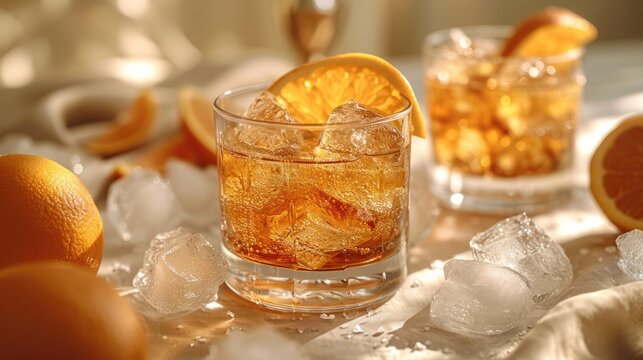  a close up of a glass of ice and an orange on a table with ice cubes and an orange slice in the middle of the glass and an orange on the side of the glass.