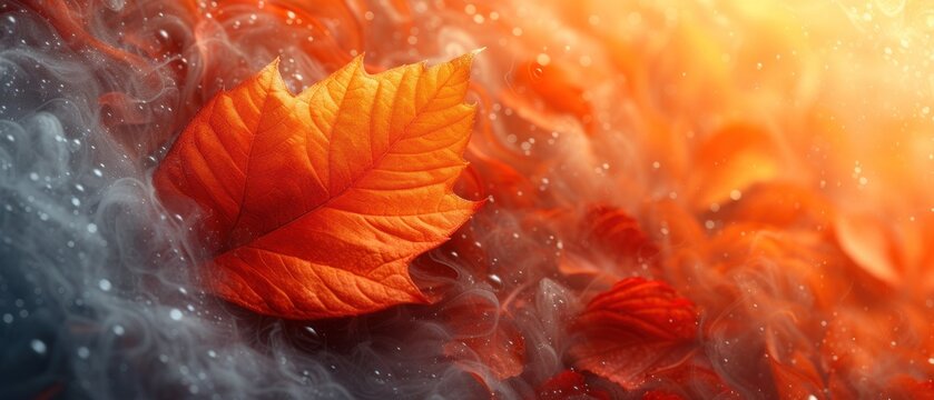  a single orange leaf sitting on top of a pile of red leaves in the middle of a field of smoke and water with sunlight coming through the back droplet of the leaves.