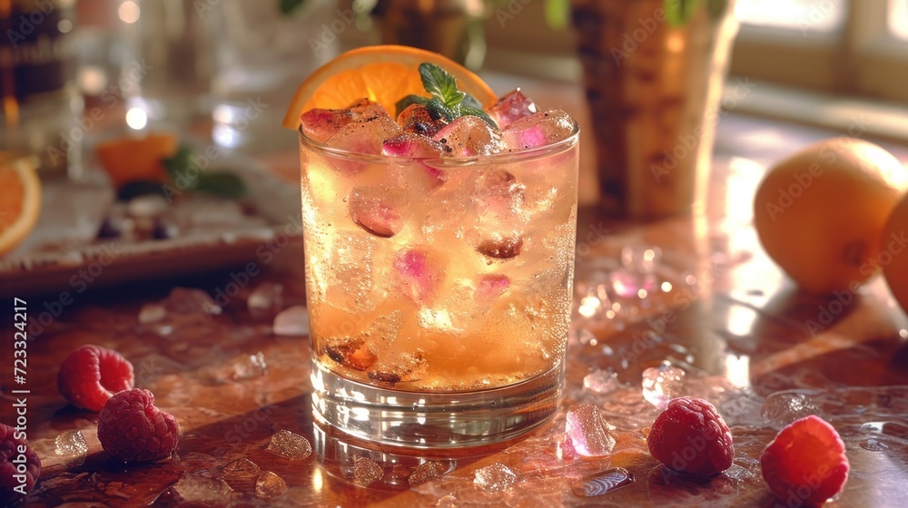 Poster a close up of a drink on a table with raspberries and oranges in the background and a vase with oran