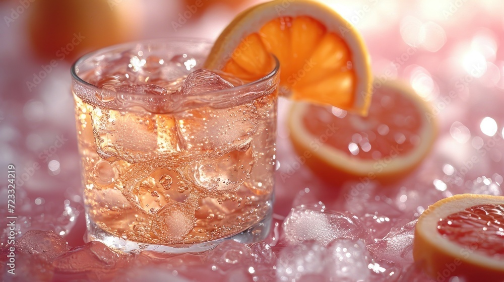 Poster a close up of a glass of water with a slice of grapefruit and a grapefruit on a table with other gra
