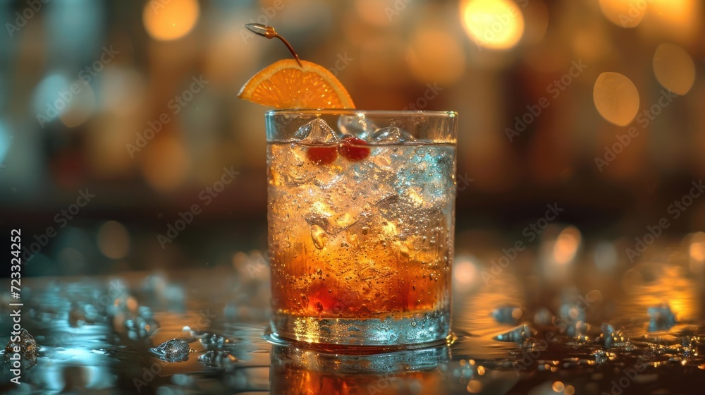 Poster a close up of a drink with ice and a slice of orange on the rim of a glass with water and ice cubes 
