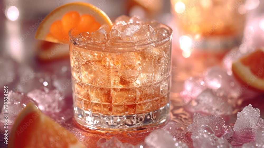 Poster  a close up of a glass filled with ice and a slice of orange on top of a table with ice cubes and slices of oranges next to it.