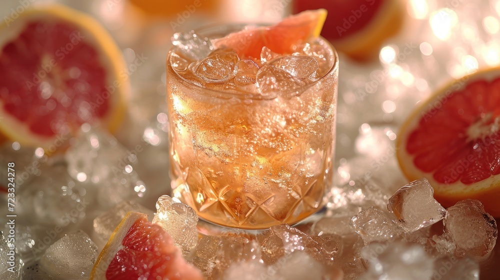 Poster a close up of a grapefruit cocktail in a glass with ice and garnished with a slice of grapefruit on 