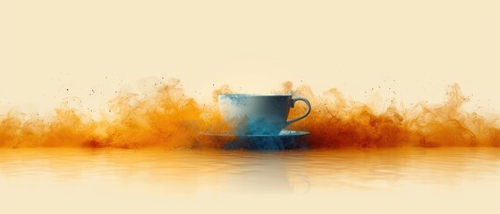  a blue coffee cup sitting on top of a saucer covered in orange and yellow smoke on top of a body of water in front of a light yellow background.