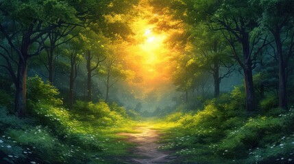  a painting of a path in the middle of a forest with a bright light coming through the trees on either side of the path is a dirt road with grass and flowers on both sides.