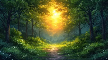 Foto op Canvas  a painting of a path in the middle of a forest with a bright light coming through the trees on either side of the path is a dirt road with grass and flowers on both sides. © Jevjenijs