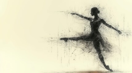  a black and white photo of a woman in a ballerina pose with her arms out in the air and her leg in the air as if she is dancing. - obrazy, fototapety, plakaty