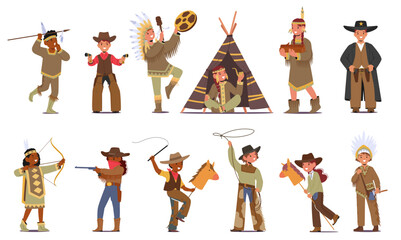 Children Characters Dressed In Cowboy And Native American Costumes Create A Lively Scene, Vector Illustration, Set © Anna Syvak