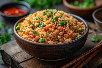 Chopsticks and bowl of fried red rice with vegetables. - obrazy, fototapety, plakaty