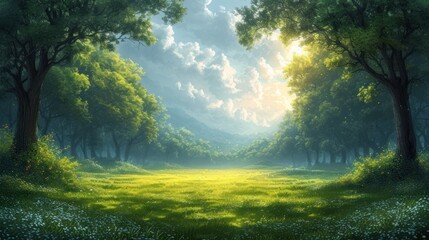  a painting of a lush green forest with a bright light coming through the trees on the far side of the picture is a grassy field with white daisies and blue flowers in the foreground. - obrazy, fototapety, plakaty