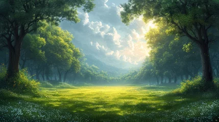 Poster  a painting of a lush green forest with a bright light coming through the trees on the far side of the picture is a grassy field with white daisies and blue flowers in the foreground. © Jevjenijs