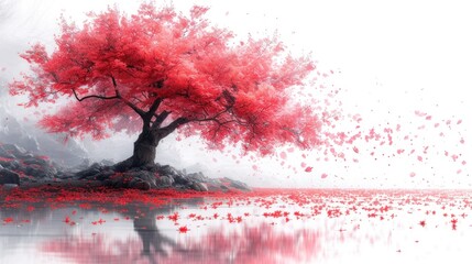  a red tree in the middle of a body of water with a reflection of it's leaves on the water and the sky in the background is a white sky.