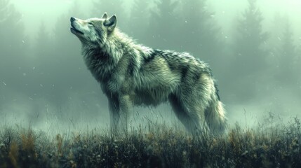  a painting of a wolf standing in a field of tall grass with trees in the background and snow falling off the tops of the tops of the tops of the trees.