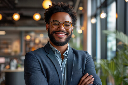 Generative AI illustration of cheerful African American businessman with a warm smile standing confidently in a modern office environment
