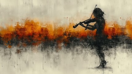  a painting of a person holding a violin in front of a cityscape with oranges and browns in the background and a black silhouette of a person with a violin in the foreground.