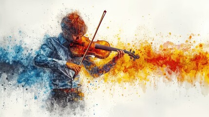  a painting of a man playing a violin in front of an orange and blue background with a splash of paint on the side of his face and the violin in the foreground. - obrazy, fototapety, plakaty