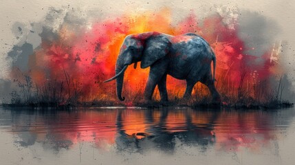  a painting of an elephant standing in front of a body of water with red, orange and yellow colors on it's face and behind it's trunk, it's trunk, it's trunk, it's trunk, it's trunk, it's trunk.