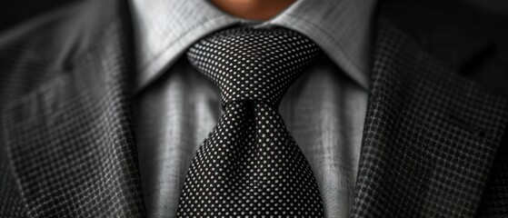  a close up of a person wearing a suit and a tie with a gray shirt and black and white checkerboard pattern on the shirt and a dark background. - obrazy, fototapety, plakaty