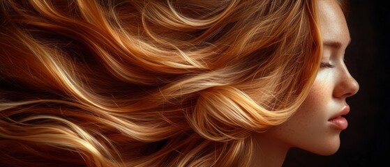  a close up of a woman's face with long, blonde hair blowing in the wind, on a black background, with a soft focus on her face. - obrazy, fototapety, plakaty