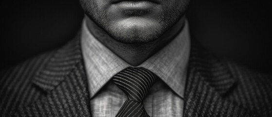  a black and white photo of a man wearing a suit with a tie and a suit jacket with a striped pattern on the lapel collar and a black background. - obrazy, fototapety, plakaty