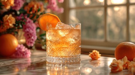 a close up of a glass of alcohol with an orange slice on a table next to a vase of flowers and an orange slice on the side of the glass.