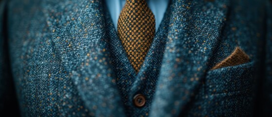  a close up of a person wearing a blue suit with a yellow tie and a blue shirt with a brown polka dot pattern and a blue jacket with a blue shirt. - obrazy, fototapety, plakaty