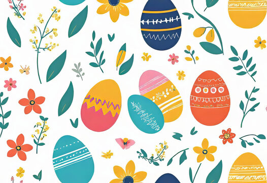 Vector illustration of colorfully painted Easter eggs and spring flowers. Easter decorations, seamless primitive pattern, children's doodles for prints,