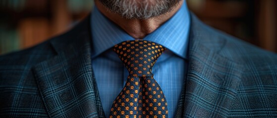  a man wearing a suit and tie with a blue shirt and a blue blazer and a blue shirt and blue tie with a yellow and orange polka dot pattern. - obrazy, fototapety, plakaty
