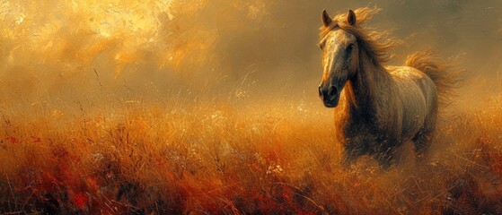  a painting of a white horse running through a field of tall grass with red flowers in the foreground and a yellow sky in the background with red flowers in the foreground. - obrazy, fototapety, plakaty