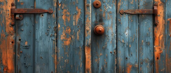  a close up of a blue wooden door with rusted metal knobs and a rusted metal handle on the outside of the door and a rusted metal handle on the inside of the outside of the door.