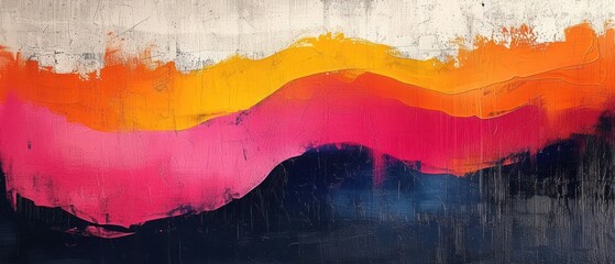  a painting of a pink, orange, and yellow mountain on a white and black background with a red and yellow stripe on the bottom half of the painting and bottom half of the mountain.