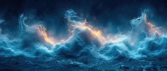 Fotobehang  a painting of a wave in the ocean with a lot of clouds in the sky and stars in the sky above the waves is a bright orange and blue hue. © Jevjenijs