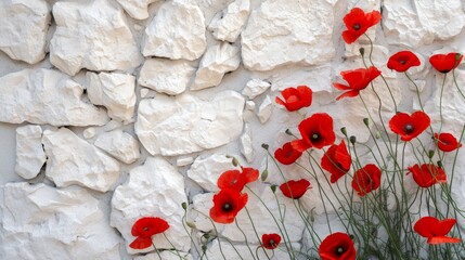 blooming poppies red flowers on a white stone wall background